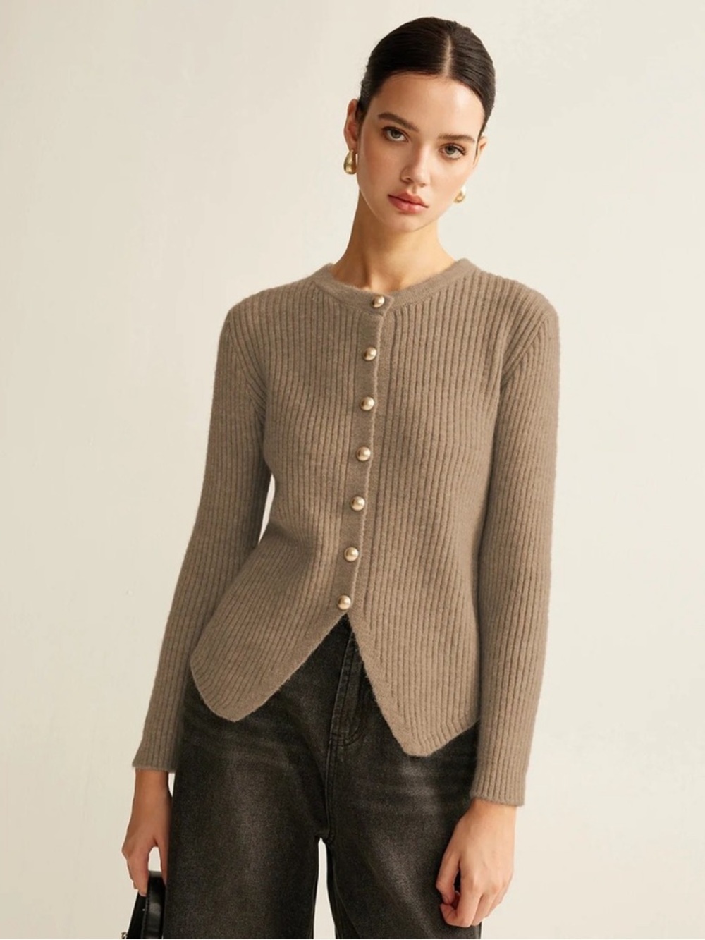 COMMENSE XL NWT Classic Ribbed Button-Front Sweater Cardigan - Taupe